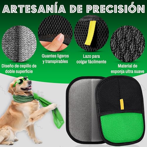 RUBALN®️Quita Pelos Mascota,Manopla Quita Pelos Mascota Guante+Gancho Colgador de Regalo Quita pelos Perro Gato, Removedor de Pelo Mascota, Guante Reutilizable .Uso Diario. (Verde)