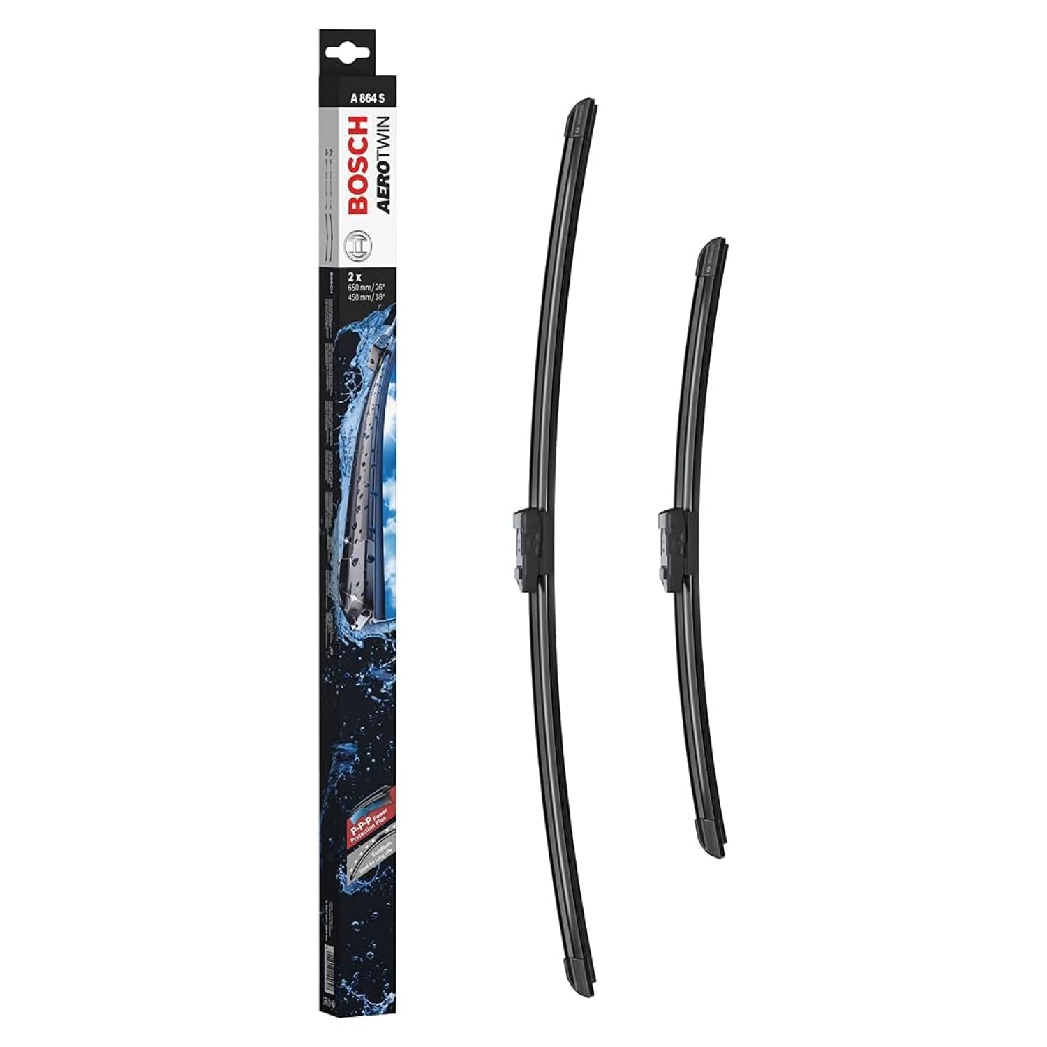 Bosch Aerotwin A864S - Front Windscreen Wipers - Set of 2 Replacement Blades - Comes with Pre-assembled Adapter - 2 Blades, 650 mm / 450 mm - Only for Right-Hand Drive (UK)