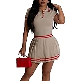 Yeshire Womens Athletic Skirt Sets 2 Piece Outfits Short Sleeve Button Down Tops+Pleated Flared Tennis Mini Skirt Sets Suit