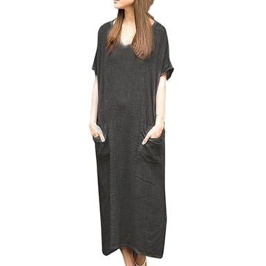 JERFER Maxikleid Damen Bettwäsche aus Baumwolle Kurze Ärmel Bund Lange Lose Ausgebeult Kleid