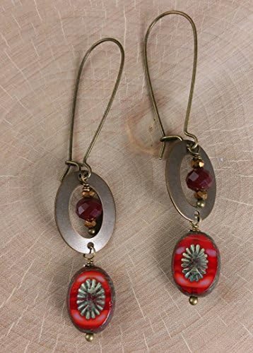 Red Starburst Carved Earrings in Antique Brass with Filigree and Faceted Crystals