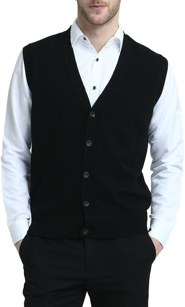 Kallspin Men's Cashmere Wool Blended Sweater Vests Relaxed Fit V-Neck Knit Sleeveless Cardigan with Front Button
