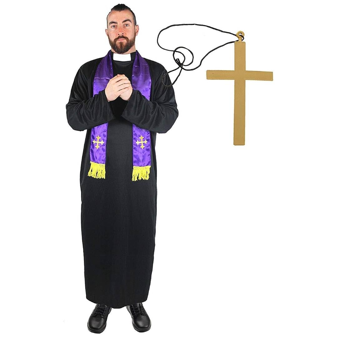 PRIEST COSTUME MENS FANCY DRESS VICAR OUTFIT BLACK LONG TUNIC ROBE WITH WHITE COLLAR + PURPLE SCARF VESTMANT WITH EMBROIRDERED GOLD CROSS (MEDIUM 42-44 INCH CHEST)