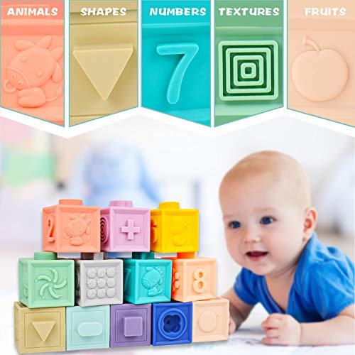 Baby Soft Blocks, Supkiir Safe Educational Building Blocks for Toddlers, Teething Chewing Squeeze Stackable Bath Toy for Kids with Numbers, Animals and Shapes for Matching Games