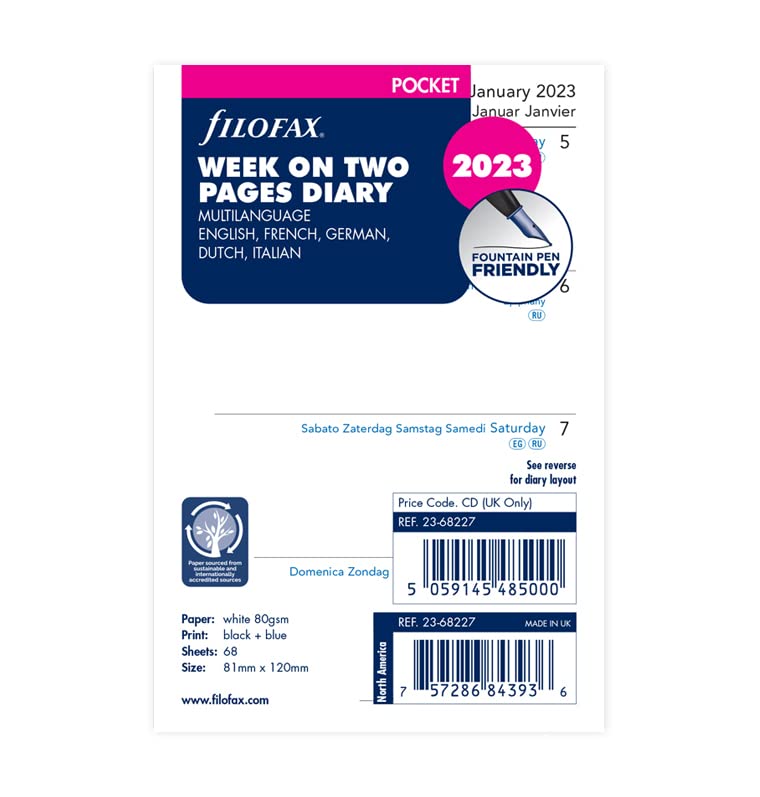 Filofax Pocket Week on Two Pages 5 Language 2023 Diary, White (23-68227)