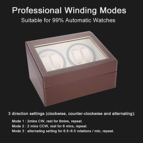 TMISHION Watch Winder Box, 4 Automatic Watches + 6 Grids Watch Storage Case Quiet Motor Multiple Rotation(Brown+US Plug)