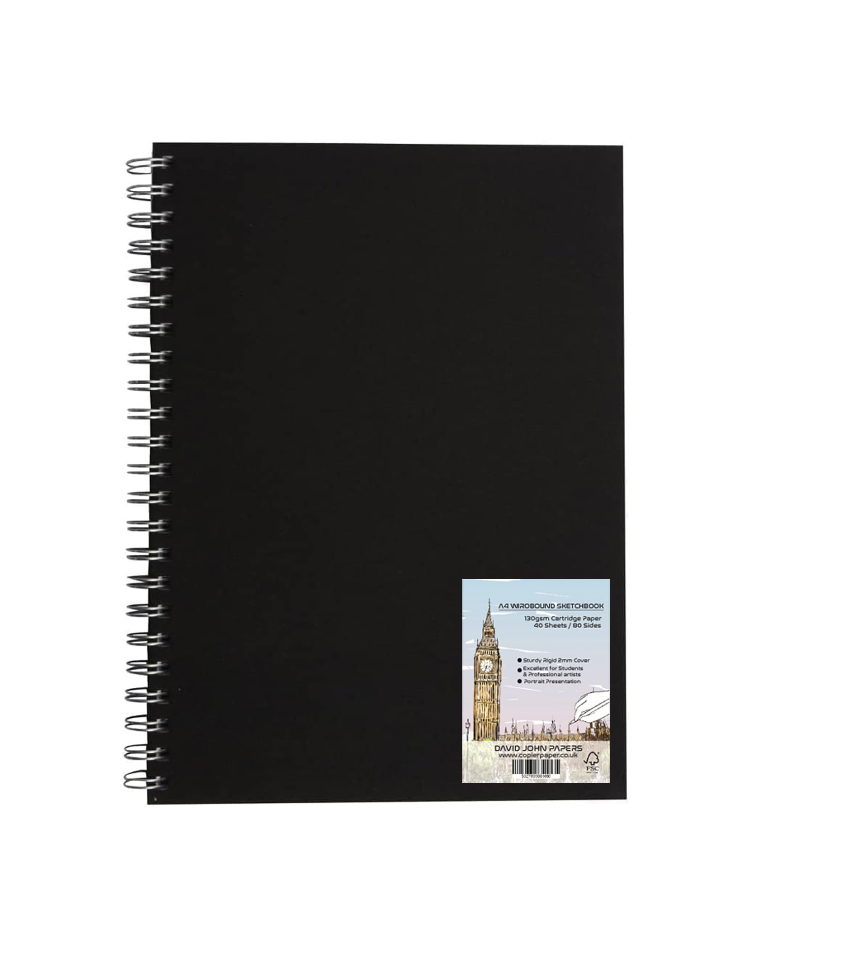 DJP A4 Sketch Book - Portrait Hardback Wiro Bound Portrait Sketchbook for Drawing & Sketching - 130gsm Cartridge Paper - 80 Pages (40 Sheets)