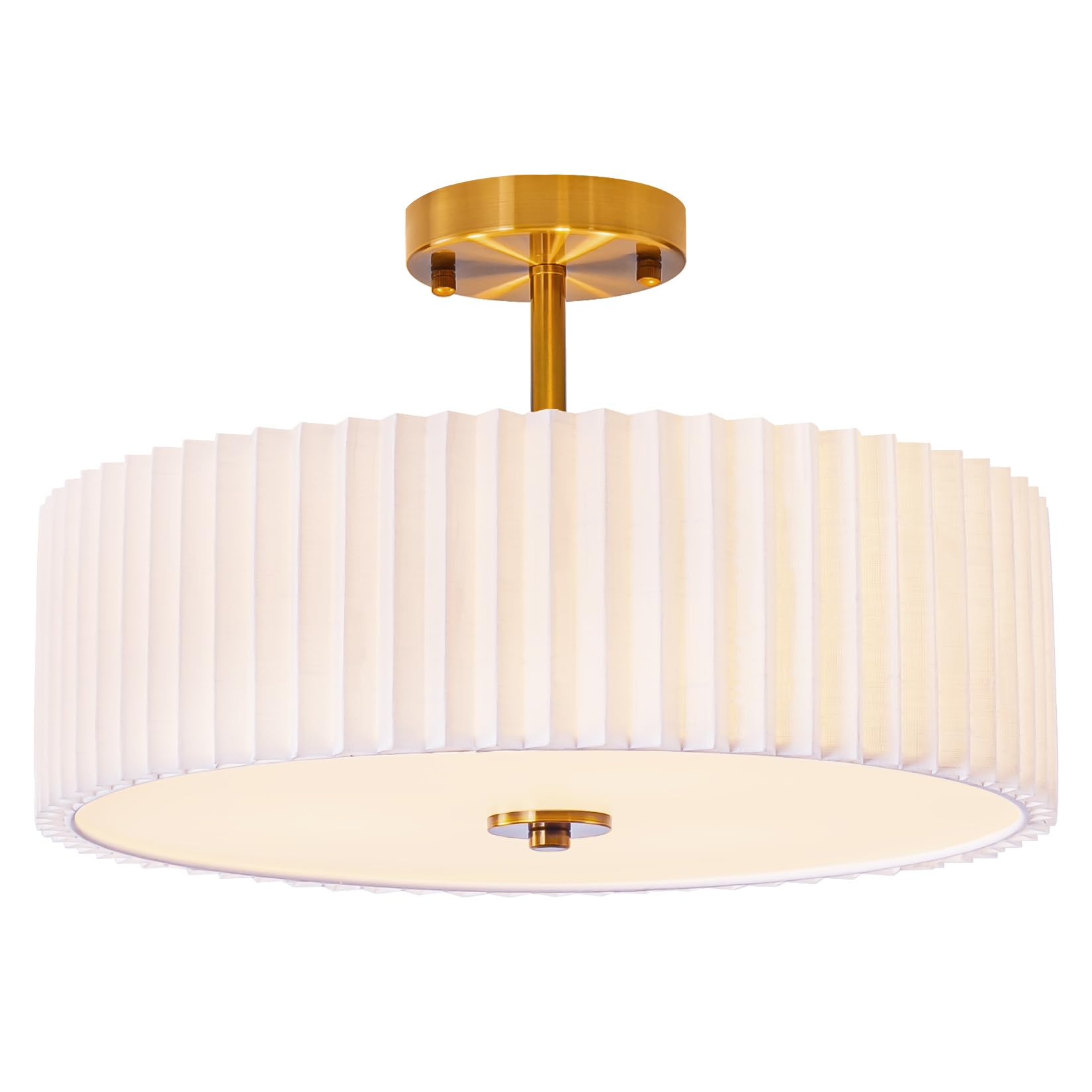 Photo 1 of **DAMAGED** SOLD FOR pARTS** Bargeni 16.5 Inch Semi Flush Mount Ceiling Light Fixture,Gold Finish with Pleated Fabric Shade,3-Light Flush Mount Ceiling Light,Modern Light Fixtures Ceiling Mount for Bedroom,Hallway,Nursery Room