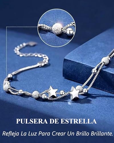 Pulseras para Mujer Estrella de Plata 925, Regalos para Mujer Cumpleaños Pulsera Joyeria Accesorios Ajustable para Mama Novia Amiga