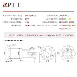 APIELE 10 Amp 16mm Latching Push Button Switch 12V