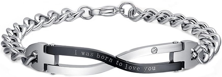 Daesar Stainless Steel Couple Bracelet Set, Mens Womens Bracelets Engraving I was Born to Love You Tank Bracelets Eternal Love Bracelet 21 / 17CM