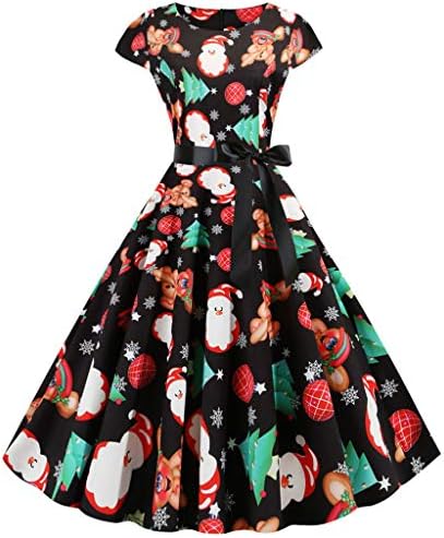 piabigka Womens Christmas Dresses Short Sleeve A-Line Vintage Xmas Dress Snowman Santa Retro 1950s Housewife Cocktail Prom Party Dress with Bowknot