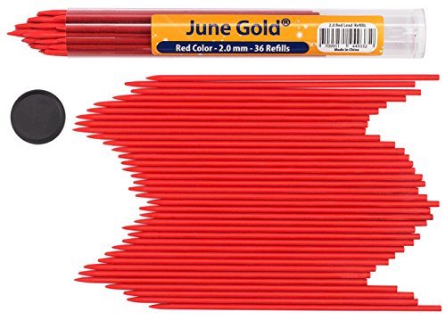 June Gold 36 Red Colored Lead Refills, 2.0 mm, Extra Bold Thickness for Heavy Use, Break Resistant with a Convenient Dispenser - Thumbnail 2
