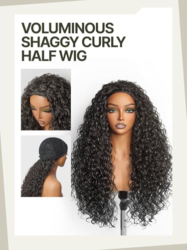 Frodio Curly Half Wig 26 Inches Veralux™ Fiber Blend Human Hair Headband Wig 3 in 1 Shaggy Wave Flip Over Drawstring Wig 200% Density Natural Black Ready to Go Glueless Wig for Women