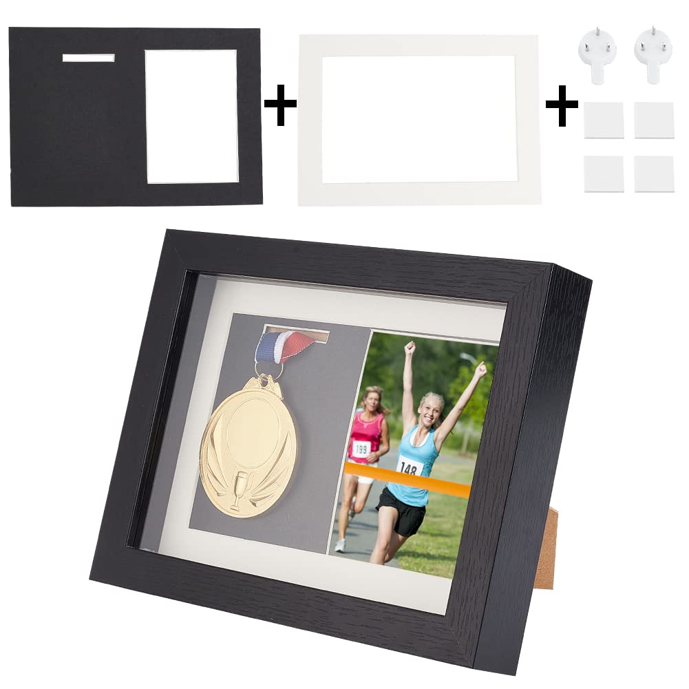 OLYCRAFT Medal Display Frame 175x182x227mm Black Shadow Box Frame Medal Display Case Natural Wood Photo Frames with Clear Window for Military Medals Beach Tags Jewelry Pins Pin Enthusiast Collectibles