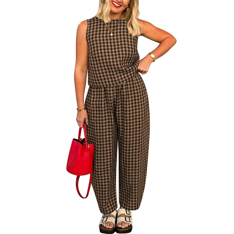 Photo 1 of Melliflo Gingham Sets Women 2 Piece Outfits Sleeveless Plaid Loungewear Checkered Crop Tanks and Pant Sets with Pockets