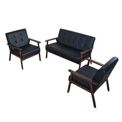 JIASTING Mid Century Loveseat Sofa & 2 Accent Chairs Set (Black)