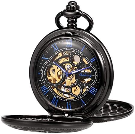 Treeweto 懐中時計 スケルトン 手巻き機械 輸入 ダブルケース アンティーク ブラック ローマ数字 フォブチェーンボックス付き