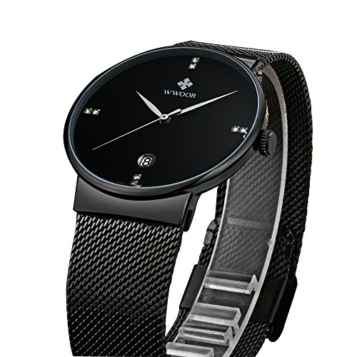 WWOOR Gent Casual Date Quartz Wrist Watches Mesh Stainless steel Band Waterproof Watch For Men Elite Ultra Thin Clock WR18 (Black)