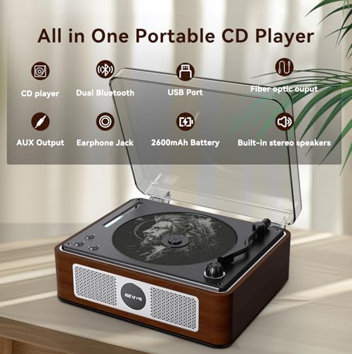 CD Player Portable, Retro CD Bluetooth Player with Dual HiFi Speakers, 2600mAh Rechargeable CD Player for Home with Remote Control,Support USB/AUX,Headphone Jack,Optical Brown