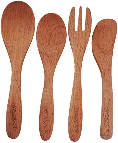 Wood Kids Spoon and Fork Set of 4, Flatware Set,TEKLIVING Toddler Tableware Set, 1x Fork,1 x Big Spoons,1x Small Spoon, 1x knife, Suitable for Ages 3~6