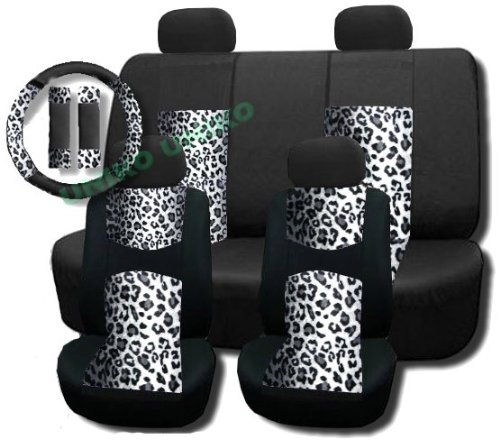 Click Here to See More Images Supreme Mesh Safari Accent Seat Covers Gray Snow Leopard Thick Padded Comfort - Front & Rear Steering Wheel Seat Belt Covers