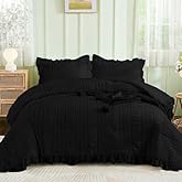 WONGS BEDDING Black Comforter Set King,7 Pieces Ruffle Comforter Set with Sheets,Textured Bed in a Bag for King Bed 104"×90"
