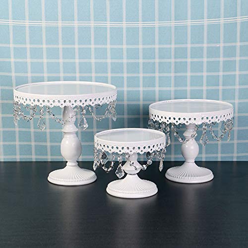Antique Cake Stands with Crystals Hanging Bead, Round Metal Plate Holder for Dessert Cupcake|Ideal for Wedding Birthday Party Cakes Pedestal Display Stand (White, 3 Different Sizes Set)