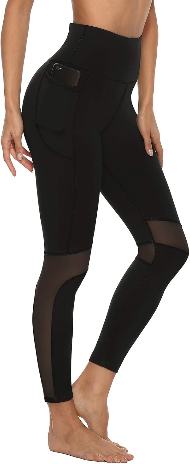 AFITNE Women's High Waist Mesh Yoga Leggings with Pockets, Tummy Control 4 Way Stretch Workout Non See-Through Yoga Pants at  Women’s Clothing store