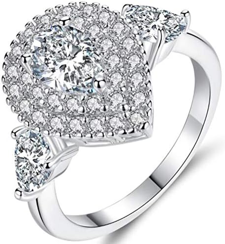 TEMEGO Large Pear Shaped CZ Double Halo Ring,14k White Gold Teardrop Pear Engagement Ring,Size 6 7 8 9