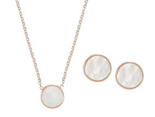 Happiness Boutique Damen Perlmutt Schmuckset in Rosegold 2-TLG. | Filigrane Kette mit Anhänger und Runde Ohrstecker Edelstahl