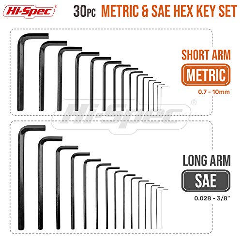 HiSpec 30pc Hex Key Set of SAE / Imperial & Metric Sizes of Short