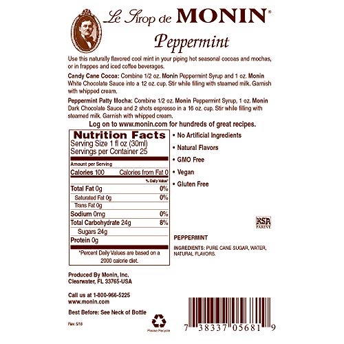 Monin Peppermint Syrup, Cool Mint Flavored Syrup, Coffee Syrup