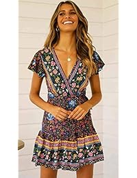 AEL - Vestido de manga corta para mujer, diseño floral, estilo bohemio