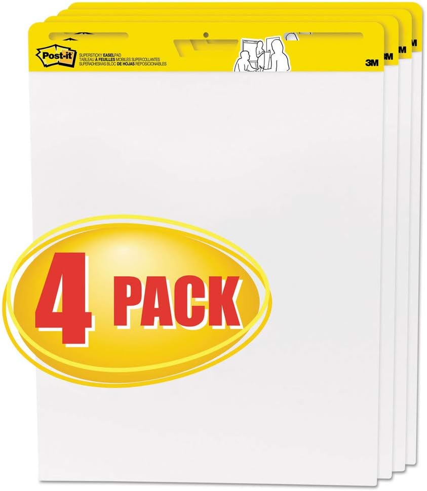 Post-It Self-Stick Easel Pad, 25 x 30 Inches, Unruled, White, 30 Sheets, Pack of 4