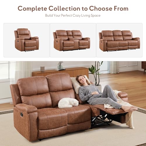 CANMOV Leather 3-Seat Recliner Sofa, Manual Reclining Sofa with Hidden Cup Holders, Padded Headrest & Lumbar Support 3-Seat Couch for Living Room, Home Theater, Brown