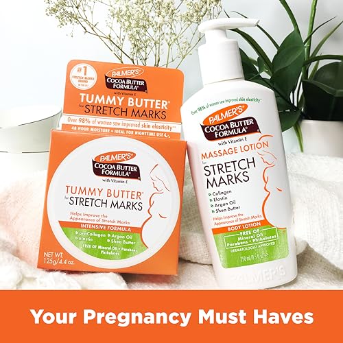 PALMER’S COCOA BUTTER FORMULA MASSAGE LOTION FOR STRETCH MARKS, PREGNANCY SKIN CARE, BELLY CREAM WITH COLLAGEN, ELASTIN, ARGAN OIL AND SHEA BUTTER, 8.5 OUNCES