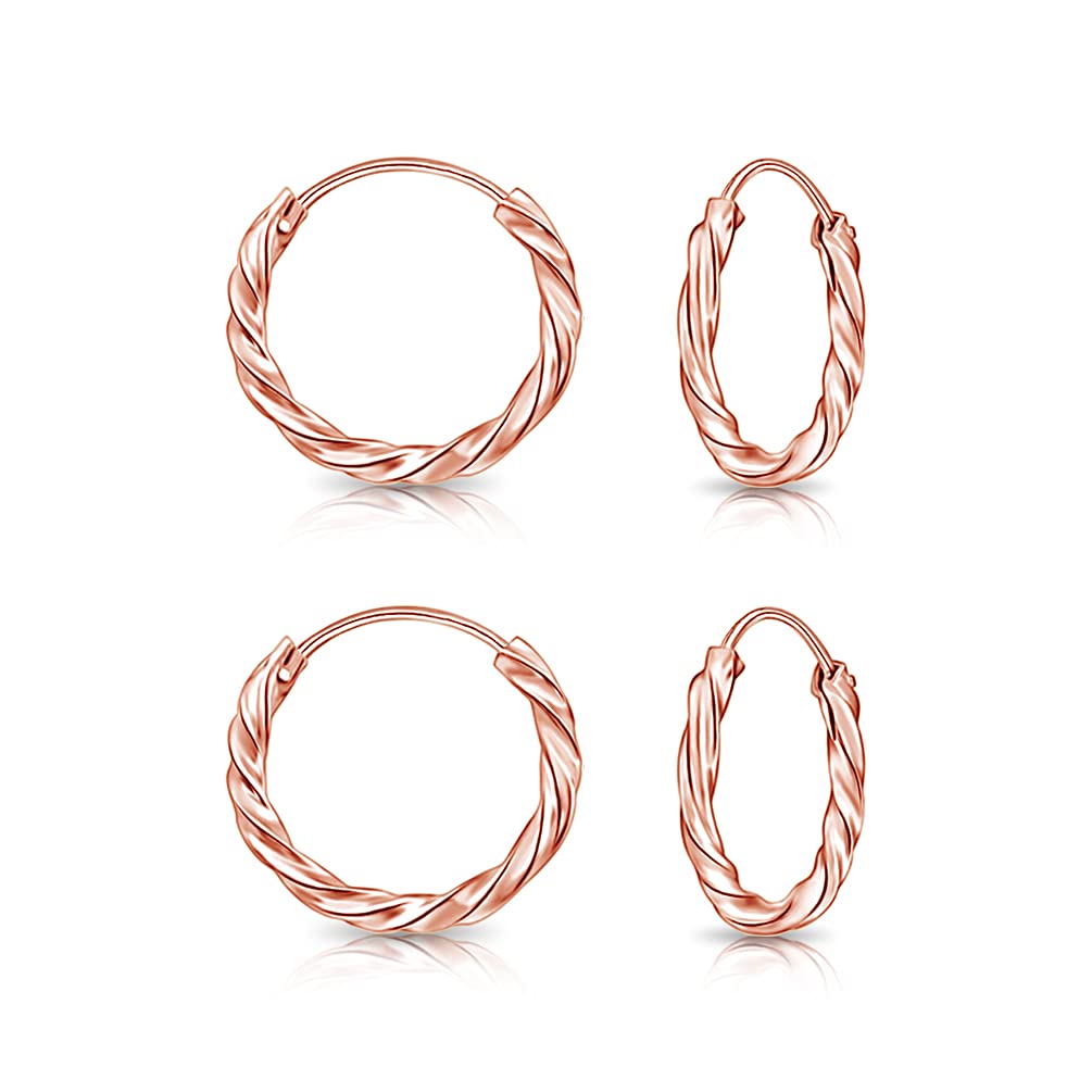 DTPsilver - Set of 2 PAIRS of TINY 925 Sterling Silver Rose Gold Plated Twisted Hoops/Sleepers Earrings - Thickness 1.8 mm - Diameter 12 mm
