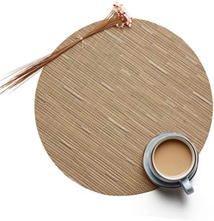 YURASIKU Round Placemats, Brown Bamboo Pattern Woven Vinyl Heat-Resistant Place Mats PVC Non-Slip Table Mat, Set of 6