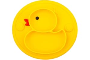 Linowos Silicone Divided Toddler Plates, Portable Non Slip Suction Plates for Children Babies and Kids BPA Free Baby Dinner Plate (Duck-Yellow) 1