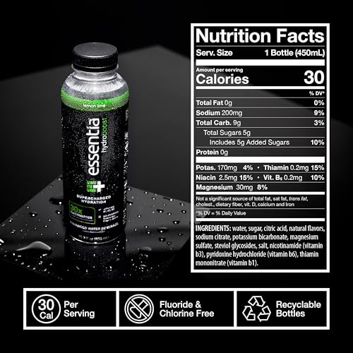 NEW ESSENTIA HYDROBOOST ENHANCED BOTTLED WATER, 15.2 FL. OZ. (450 ML), 12 PACK, LEMON LIME, HYDROLYTE BLEND WITH B-COMPLEX VITAMINS AND ELECTROLYTES, CLEAN TASTE & SUPERCHARGED HYDRATION