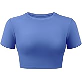 VOYJOY Womens Double Lined Fitted Short Sleeve Crop Tops Crew Neck Casual Workout T Shirts Cute Basic Tee