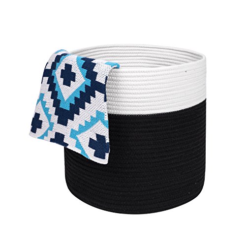 Large Cotton Rope Storage Basket - Black and Ivory color Baskets - Woven Handles for Laundry or Toys - Magazine Container or Toy Bin - Nursery Organization and Baby Room by Jolly Jon Products