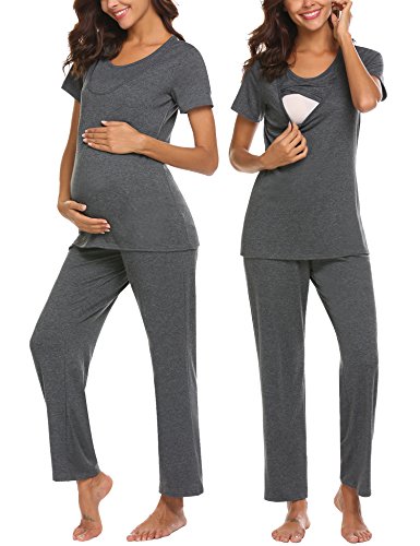 MAXMODA Women Nightwear Super Soft Maternity Nursing Pajamas Sleepwear Loungewear Set Grey L