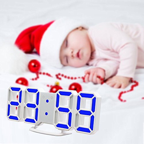 LED Digital Alarm Clock For Desk / Shelf / Tabletop, Modern Home Decoration 3D Wall Clock, Easy To Read at Night, Loud Alarm and Snooze, Big Digit Display (White Frame, Blue Light) - Thumbnail 5