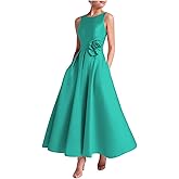Caodip Womens Satin Tea Length Mother of The Bride Dress Crew Neck Formal Elegant Evening Gown with Pocket