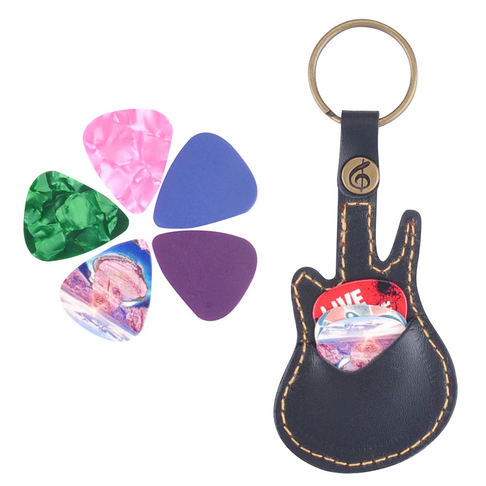Leather Guitar Picks Holder with 5 Pcs Picks Set Guitar Shape Plectrum Case Bag Keychain Keyring Guitar Accessories Gifts for Men and Women Gifts (Random)