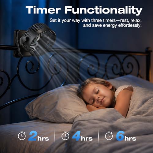 Orvyna USB Rechargeable Portable Fan 12000mAh 4 in 1 Magnetic Clamp Table Fan with Remote 3 Speeds LED Light Timer 360°, Desktop Fan for Car Camping Baby Cart, Black