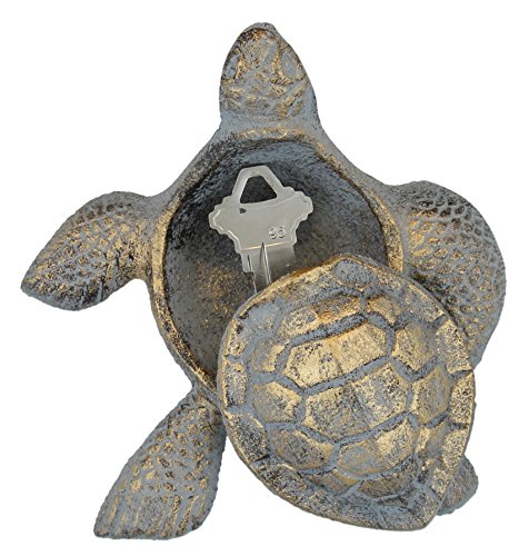 Old River Outdoors Garden Decorative Sea Turtle Key Hider - Cast Iron Figurine (Gold/Light Blue)