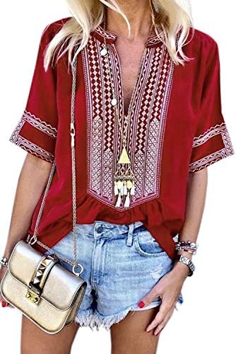 Womens Casual V Neck Shirt Boho Embroidered Print Short/Long Sleeve Tops Loose Blouse (S-XXL)